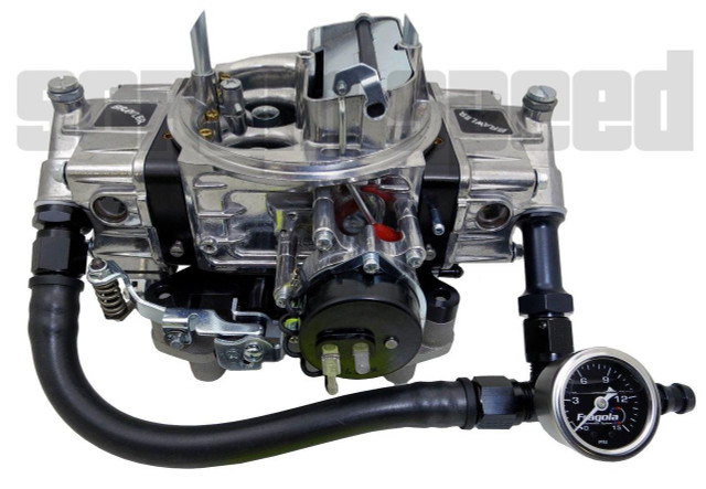 Scram Speed Dual Inlet Fuel Feed Line -8 AN with gauge for Holley 4150 carburetors, showing a high-performance fuel delivery system with fuel lines and pressure gauge. Scram Speed Dual Inlet Fuel Feed Line -8 AN with gauge for Holley 4150 carburetors, showing a high-performance fuel delivery system with fuel lines and pressure gauge.