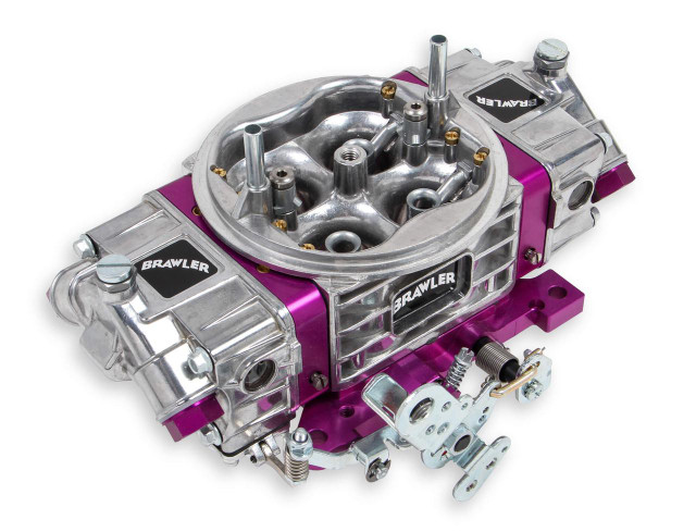 Quick Fuel Technology – Carburetors & Fuel Systems QFT BR-67199 Brawler 650CFM Race Carburetor, a high-performance racing carburetor with a metallic silver and purple finish, featuring multiple jets and adjustable components for improved engine performance.