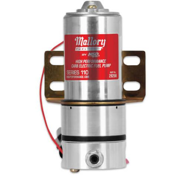 Mallory Ignition Mallory HP Carb Pump 110gph, high performance electric fuel pump with red label, mounted with mounting bracket, aluminum body, and fuel inlet and outlet fittings. Mallory Ignition Mallory HP Carb Pump 110gph, high performance electric fuel pump with red label, mounted with mounting bracket, aluminum body, and fuel inlet and outlet fittings.