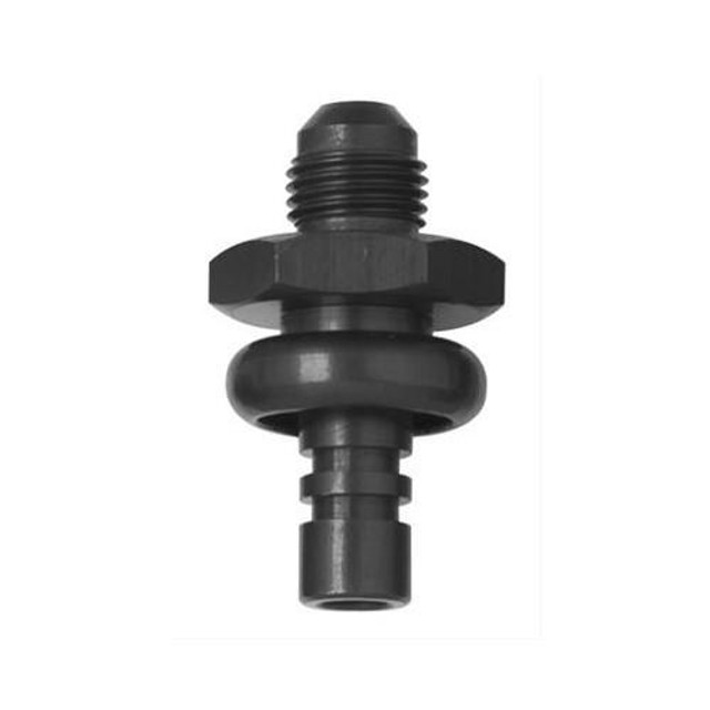 Fragola 5.0 Mustang Fuel Rail Fittings -6AN to feed side of rail in black, image showing a close-up of the black fuel rail fitting with threaded and barbed ends.