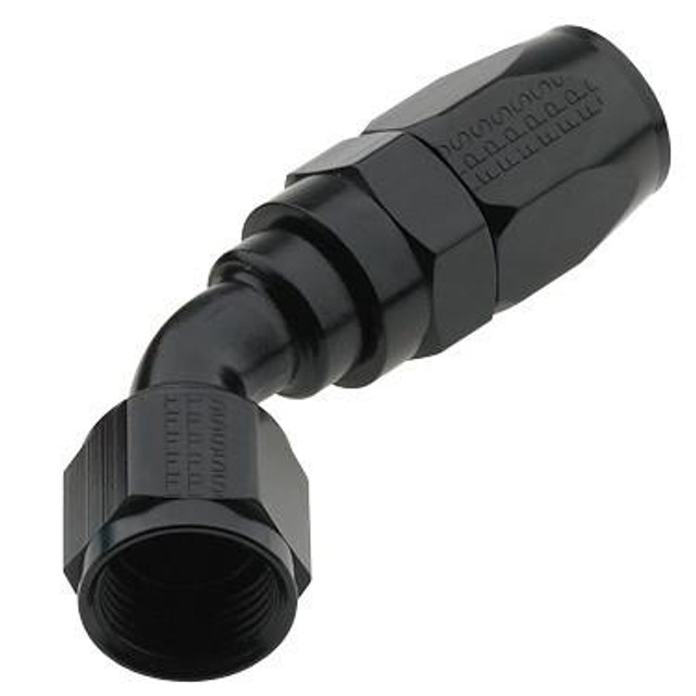 Fragola 224504-BL #4 X 45 PRO-FLOW HOSE END BLACK, a black industrial hose fitting with a 45-degree angled design for secure and durable hose connections. Fragola 224504-BL #4 X 45 PRO-FLOW HOSE END BLACK, a black industrial hose fitting with a 45-degree angled design for secure and durable hose connections.
