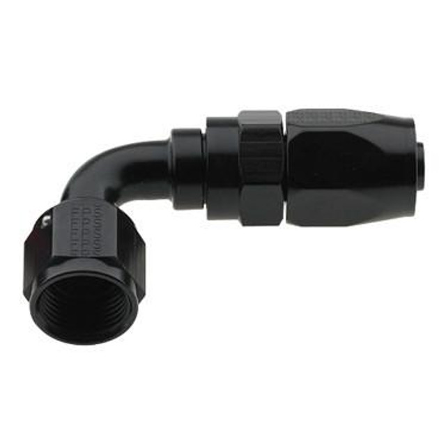 Fragola 229004-BL #4 X 90 PRO-FLOW HOSE END BLACK, close-up image of a black rubber hose fitting with a 90-degree angled connector and threaded end for secure hose attachment. Fragola 229004-BL #4 X 90 PRO-FLOW HOSE END BLACK, close-up image of a black rubber hose fitting with a 90-degree angled connector and threaded end for secure hose attachment.