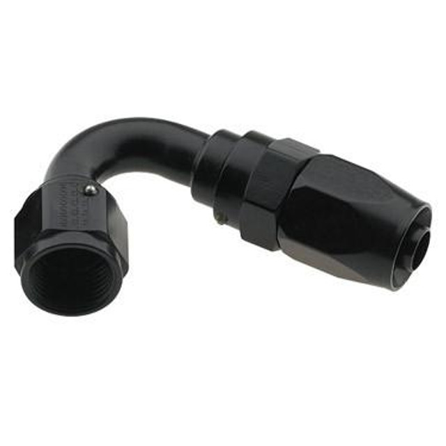 Fragola 231208-BL #8 X 120 PRO-FLOW HOSE END BLACK, a black rubber hose fitting with a curved and threaded design for secure connections. Fragola 231208-BL #8 X 120 PRO-FLOW HOSE END BLACK, a black rubber hose fitting with a curved and threaded design for secure connections.