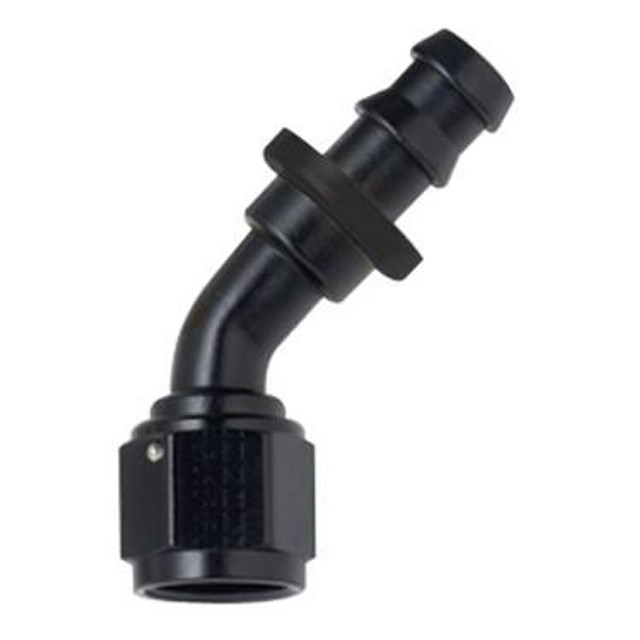 Fragola 204510-BL #10 PUSH LOCK END 45 BLACK, a black push lock fitting with a 45-degree angled end designed for fluid or gas connections. Fragola 204510-BL #10 PUSH LOCK END 45 BLACK, a black push lock fitting with a 45-degree angled end designed for fluid or gas connections.