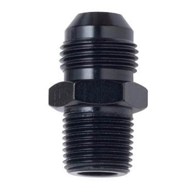 Fragola 481644-BL #4 X 3/8 MPT Straight Adapter Black, close-up image of a black plastic straight adapter with threaded male and female ends Fragola 481644-BL #4 X 3/8 MPT Straight Adapter Black, close-up image of a black plastic straight adapter with threaded male and female ends