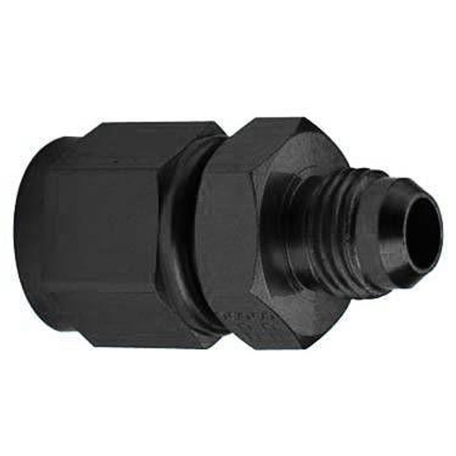 Fragola 497211-BL #10 NUT X #8 MALE SWIVEL REDUCER BLACK, close-up image showing the black metal quick-connect fitting with threaded and swivel components. Fragola 497211-BL #10 NUT X #8 MALE SWIVEL REDUCER BLACK, close-up image showing the black metal quick-connect fitting with threaded and swivel components.