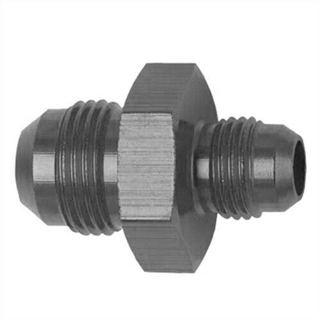 Fragola 491906-BL #4 X #6 Male Reducer Black, close-up image of a black metal industrial connector fitting with threaded ends for plumbing or fluid transfer systems. Fragola 491906-BL #4 X #6 Male Reducer Black, close-up image of a black metal industrial connector fitting with threaded ends for plumbing or fluid transfer systems.