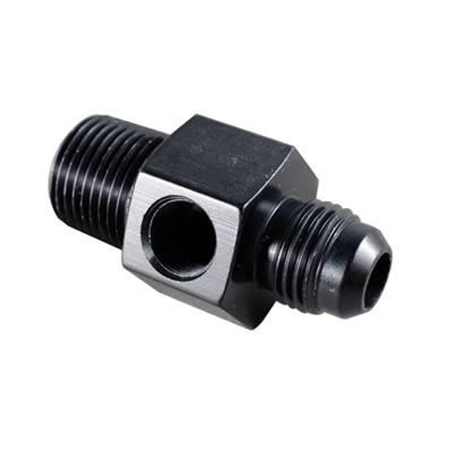 Fragola 495002-BL Inline Gauge Adapter, #6 X 3/8 MPT Black, on-white background showing a black metal inline gauge adapter with threaded ends for fluid connection. Fragola 495002-BL Inline Gauge Adapter, #6 X 3/8 MPT Black, on-white background showing a black metal inline gauge adapter with threaded ends for fluid connection.