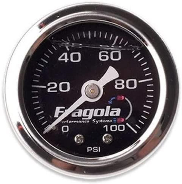 Fragola 900020 Fuel Pressure Gauge 0-100 PSI Liquid Filled, close-up of the round gauge with a black face, white markings, and a needle indicating pressure level. Fragola 900020 Fuel Pressure Gauge 0-100 PSI Liquid Filled, close-up of the round gauge with a black face, white markings, and a needle indicating pressure level.