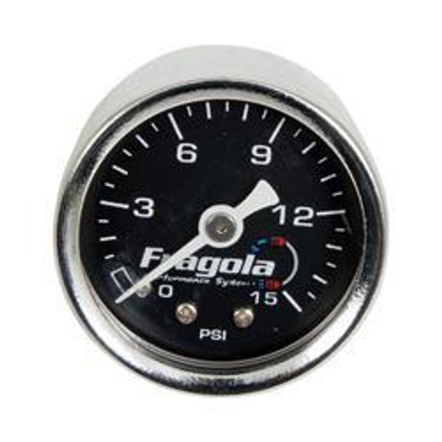 Fragola 900002 Fuel Pressure Gauge, round liquid-filled gauge with black face and white markings from 0 to 15 PSI for precise fuel pressure monitoring. Fragola 900002 Fuel Pressure Gauge, round liquid-filled gauge with black face and white markings from 0 to 15 PSI for precise fuel pressure monitoring.