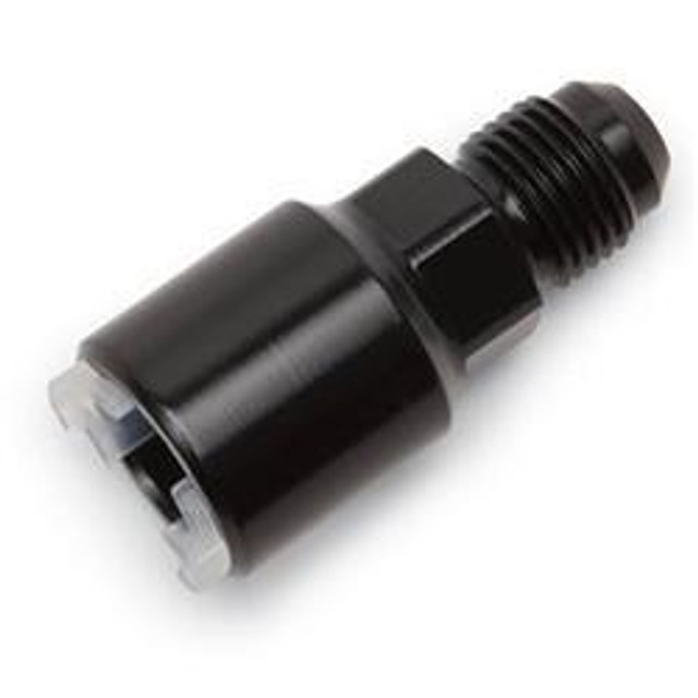 Russell 640863 5/16" to -6AN quick disconnect, black metal fitting for fluid transfer.