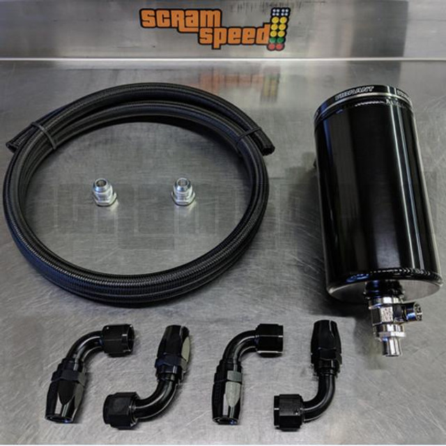Scram Speed Vibrant Catch Can kit, black catch can with hoses and fittings, on metallic surface with Scram Speed logo in the background. Scram Speed Vibrant Catch Can kit, black catch can with hoses and fittings, on metallic surface with Scram Speed logo in the background.