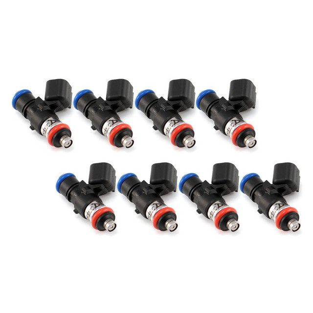 Precision Fuel Injectors from Injector Dynamics ID1050-XDS 1050.34.14.15.8, set of 8 fuel injectors with orange lower O-rings, black body, and blue top seals for high-performance vehicles.
