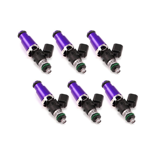 Precision Fuel Injectors from Injector Dynamics ID1300-XDS 1300.60.14.14.6, a set of six purple fuel injectors with black connectors and 14mm purple adapters for automotive performance.