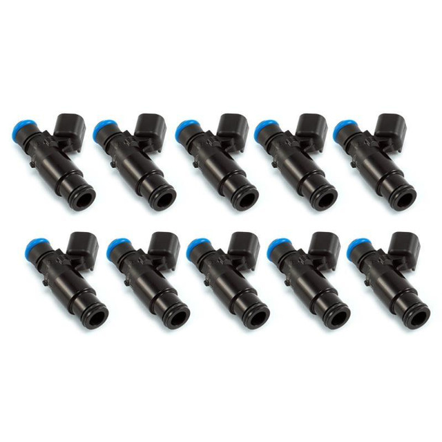 Precision Fuel Injectors from Injector Dynamics ID1700-XDS 1700.48.14.14B.10, set of 10 black fuel injectors with 14mm bottom adapters and blue caps for high-performance vehicle fuel delivery.