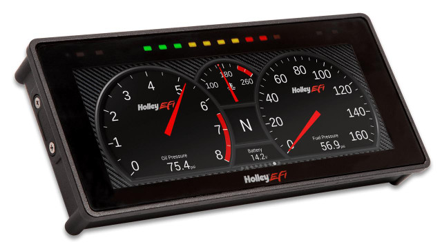 Holley Performance Parts – EFI, Intakes, & More Holley 553-112 PRO DASH 6.86, automotive digital display gauge showing oil pressure, oil temperature, and fuel pressure readings with colorful LED indicators on top.