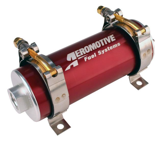 Aeromotive High-Performance Fuel System Parts, A750 EFI Fuel Pump in black color with a cylindrical shape and metal fittings. Aeromotive High-Performance Fuel System Parts, A750 EFI Fuel Pump in black color with a cylindrical shape and metal fittings.