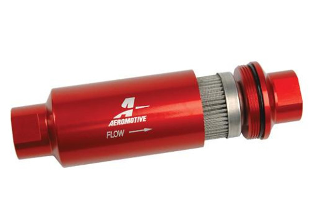 Aeromotive High-Performance Fuel System Parts Aeromotive 12304 Filter, In-Line, 100-m Stainless Mesh Element, ORB-10 Port, Bright-Dip Red, 2-inch Outer Diameter, designed for efficient fuel filtration in high-performance vehicles.