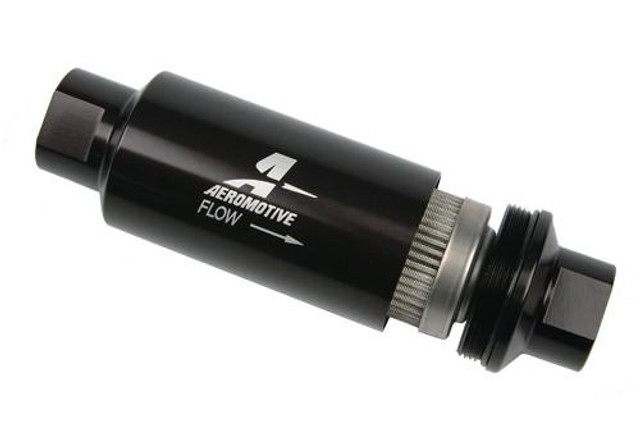 Aeromotive High-Performance Fuel System Parts Aeromotive 12324 Filter, In-Line, 100-m Stainless Mesh Element, ORB-10 Port, Bright-Dip Black, 2-inch OD, close-up view of black cylindrical fuel filter with metal end fittings and Aeromotive logo.