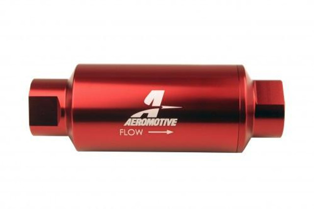 Aeromotive High-Performance Fuel System Parts Aeromotive 12340 Filter, In-Line, 10-m Microglass Element, ORB-10 Port, Bright-Dip Red, 2" OD, automotive fuel filter with red anodized finish and connection ports for enhanced fuel filtration.