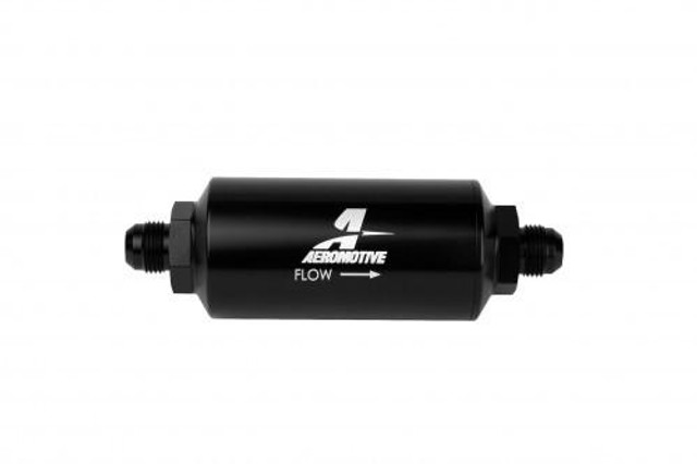 Aeromotive High-Performance Fuel System Parts, in-line fuel filter with 10-micron Microglass Element, AN-06 Male connections, Bright-Dip Black finish, 2-inch outer diameter.