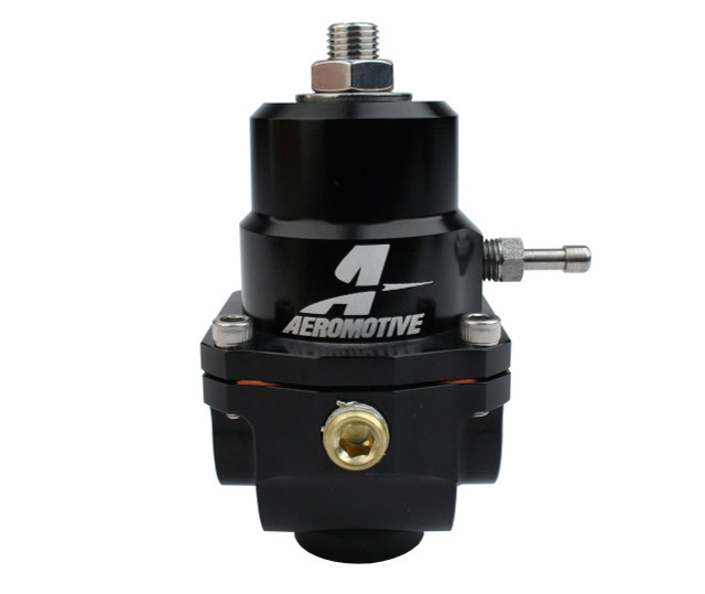 Aeromotive High-Performance Fuel System Parts Aeromotive 13304 Regulator, X1 Adjustable, 3-15psi, .313 Valve, with (2) -08inlets and -08 return fitting, black and metallic design.