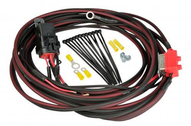 Aeromotive 16307 Wiring Kit, Fuel Pump, Deluxe, showing a coiled wiring harness with electrical connectors, zip ties, and mounting hardware for high-performance fuel system installation. Aeromotive 16307 Wiring Kit, Fuel Pump, Deluxe, showing a coiled wiring harness with electrical connectors, zip ties, and mounting hardware for high-performance fuel system installation.
