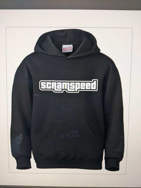 Scram Speed Basic Hoodie, black hoodie with white Scram Speed logo on front, front pouch pocket, and adjustable drawstring hood. Scram Speed Basic Hoodie, black hoodie with white Scram Speed logo on front, front pouch pocket, and adjustable drawstring hood.