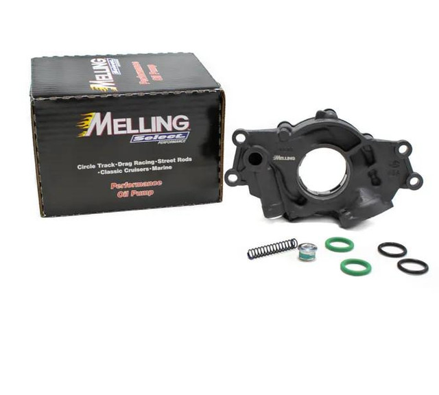 Melling MELLING HIGH VOLUME - HIGH PRESSURE OIL PUMP 10296, black oil pump part with mounting components and packaging box. Melling MELLING HIGH VOLUME - HIGH PRESSURE OIL PUMP 10296, black oil pump part with mounting components and packaging box.