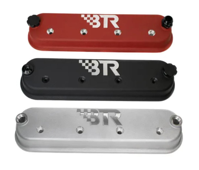 BTR Valve Covers, set of three lightweight aluminum valve covers in red, black, and silver colors, designed for automotive engine valve cover protection and customization.
