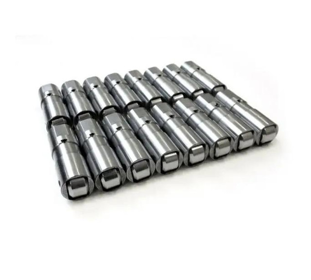 Morel Drop In Lifters for LS Engines, replacement hydraulic camshaft lifters, compatible with MM6504 and MM7717 models, showing a set of shiny metallic lifters arranged in a row. Morel Drop In Lifters for LS Engines, replacement hydraulic camshaft lifters, compatible with MM6504 and MM7717 models, showing a set of shiny metallic lifters arranged in a row.