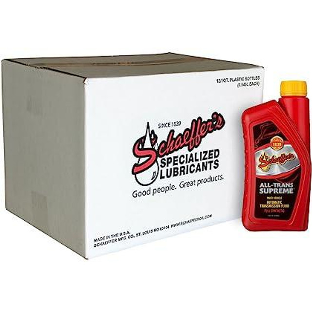 Schaeffer's 0204SAT All-Trans Supreme Lubricant, 12-quart case with a red bottle of lubricant positioned next to a white box featuring the Schaeffer's logo. Schaeffer's 0204SAT All-Trans Supreme Lubricant, 12-quart case with a red bottle of lubricant positioned next to a white box featuring the Schaeffer's logo.