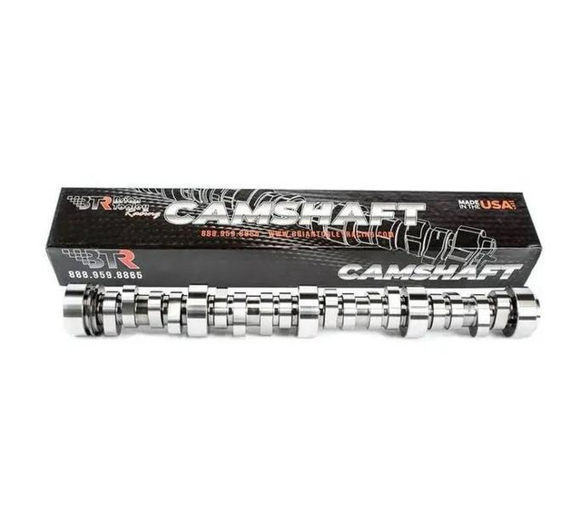 BTR STAGE 4 TURBO CAMSHAFT V2, high-performance camshaft with multiple lobes designed for turbocharged engines, shown next to its packaging. BTR STAGE 4 TURBO CAMSHAFT V2, high-performance camshaft with multiple lobes designed for turbocharged engines, shown next to its packaging.
