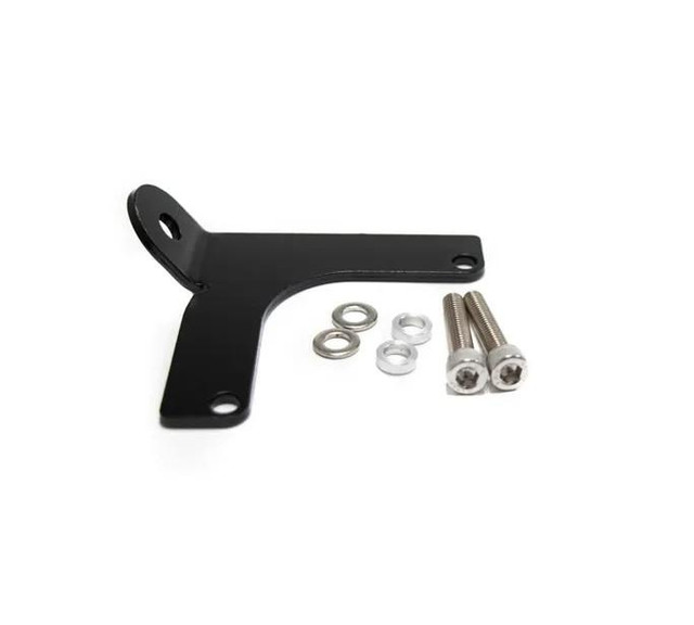 BTR EQUALIZER 1 THROTTLE BRACKET KIT - SINGLE HOLE, black metal throttle bracket with mounting hardware including screws, washers, and nuts for motorcycle throttle adjustment.