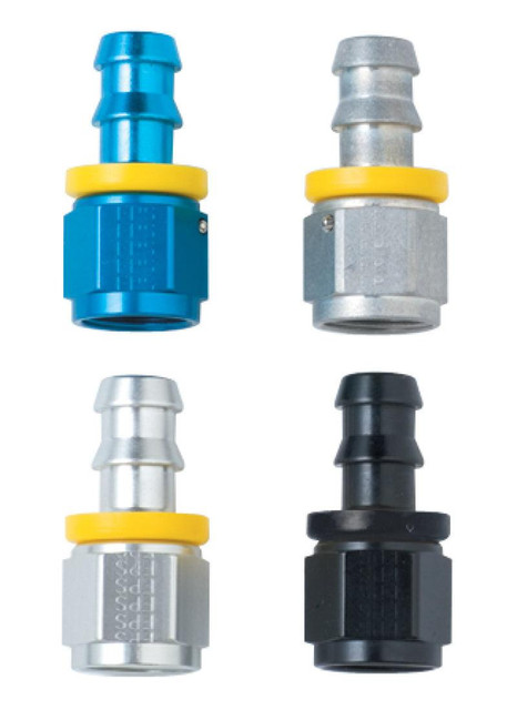 Fragola 200124-BL #6 PUSH LOK END X 1/2 NPT BLACK, set of push lock fittings in blue, silver, and black with yellow sealing rings for hydraulic or pneumatic hoses.