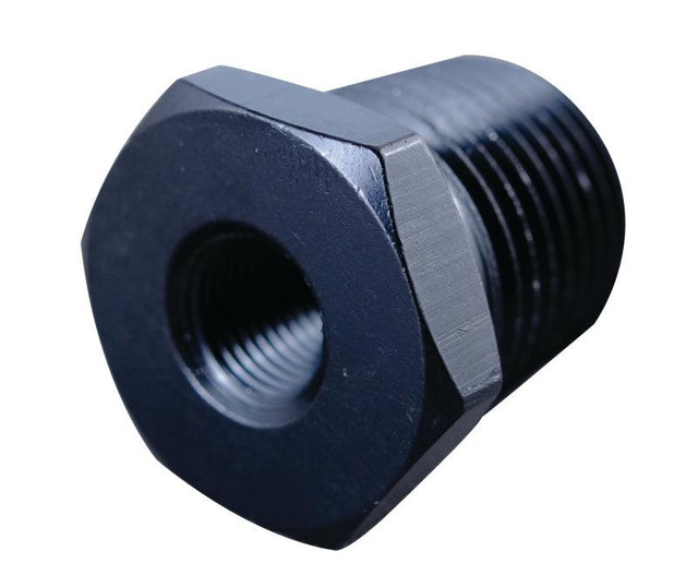 Fragola 491203-BL 1/8 X 3/8 pipe reducer bushing black, close-up image of a black pipe fitting with threaded ends for plumbing or hydraulic systems.