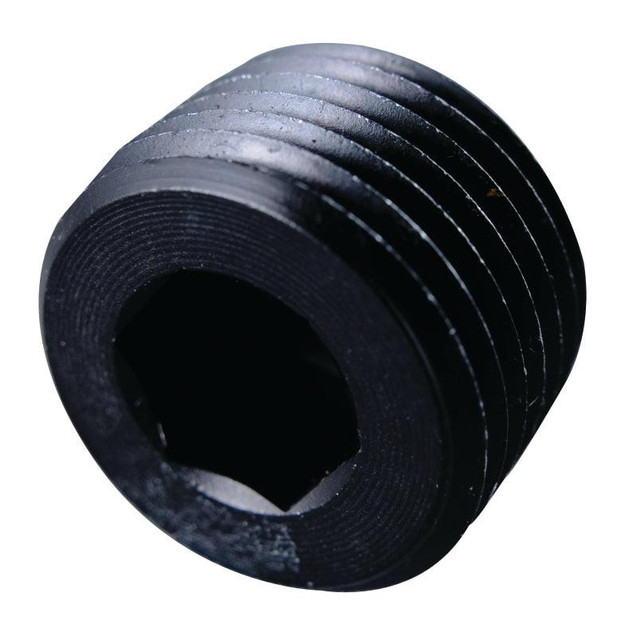 Fragola 493207-BL 1" MPT PIPE PLUG INTERNAL BLACK, close-up view of a black metal pipe plug with threaded exterior and hexagonal socket interior for pipe sealing.