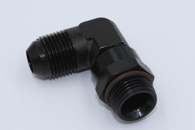 Fragola 499208-BL #8 X 3/4 - 16 90 Degree Swivel Black, black metal flexible hose fitting with male and female threaded ends and 90-degree angled swivel joint.