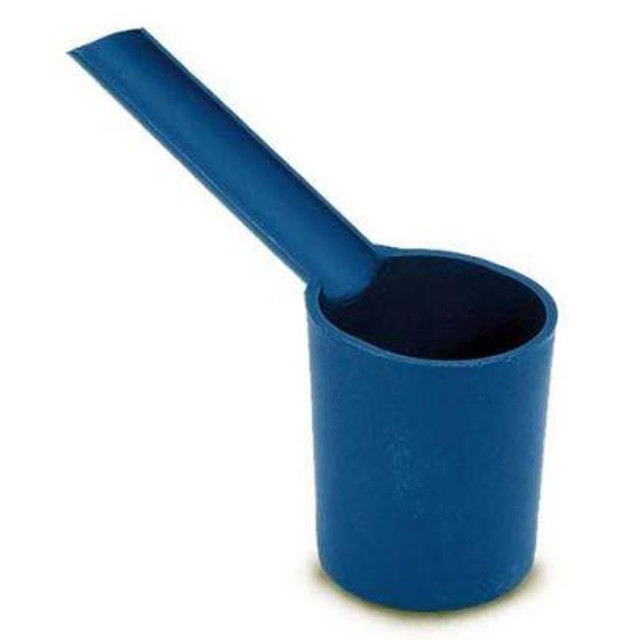 Moroso 65805 Carburetor Drain Cup, blue cylindrical drain cup with a handle for collecting drain fluids from carburetors.