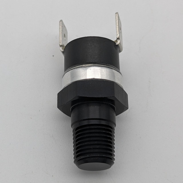 Scram Speed 1/8 NPT Thermal Fan Switch 200°, product image showing a black cylindrical device with metallic ring and threaded end for engine cooling fan control.