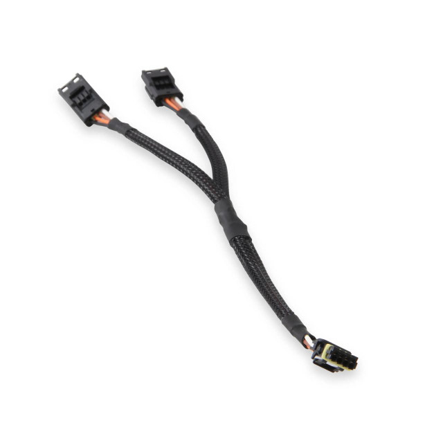 Holley Performance Parts – EFI, Intakes, & More Holley 558-465 Wiring Harness, CAN Splitter, black braided cable with multiple connectors for automotive wiring and electronic component connections.
