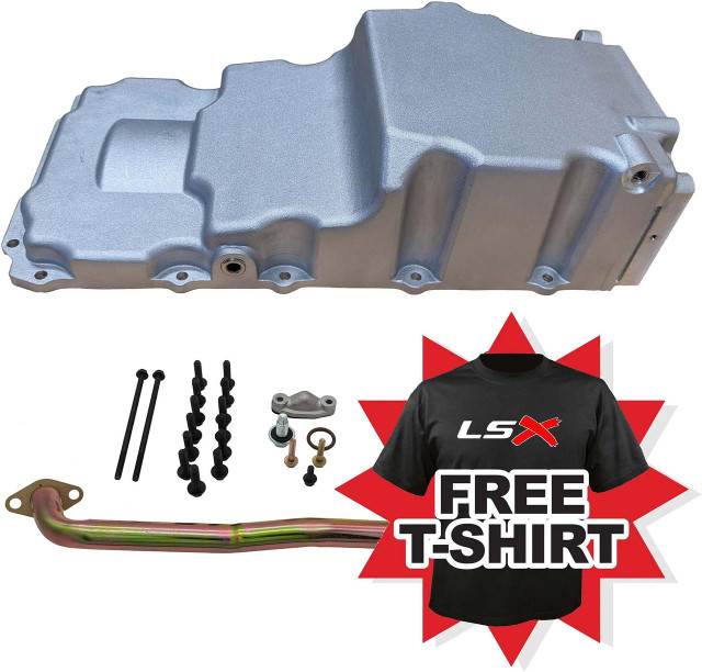 Scram Speed LS Swap Oil Pan Kit, including a silver oil pan, mounting hardware, dipstick tube, and a promotional free T-shirt with LSX logo. Scram Speed LS Swap Oil Pan Kit, including a silver oil pan, mounting hardware, dipstick tube, and a promotional free T-shirt with LSX logo.