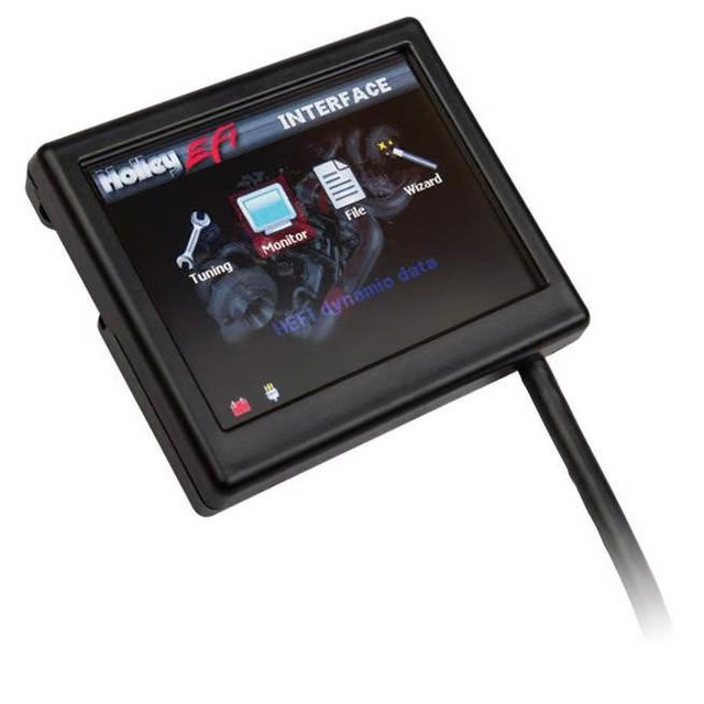 Holley Performance Parts EFI 3.5 LCD Touch Screen, automotive tuning interface with icons for tuning, monitoring, files, and wizard, for engine management and customization.
