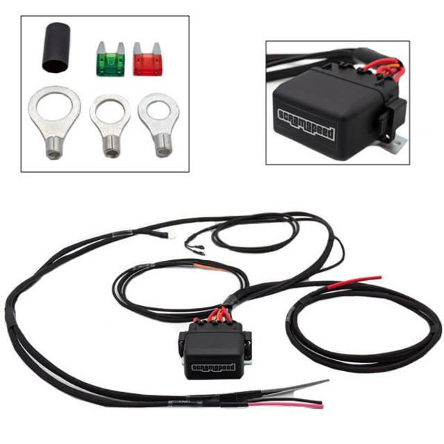 Scram Speed Dual Electric Fan Relay Wiring Harness - Thermal Switch Trigger, automotive cooling fan relay wiring kit with electrical connectors and mounting hardware for vehicle cooling system. Scram Speed Dual Electric Fan Relay Wiring Harness - Thermal Switch Trigger, automotive cooling fan relay wiring kit with electrical connectors and mounting hardware for vehicle cooling system.