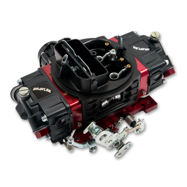 Quick Fuel Technology BRAWLER Carburetor 650 CFM MS, high-performance racing carburetor with black and red exterior, featuring dual black air horns and various metallic fittings and linkages for optimal fuel and air flow. Quick Fuel Technology BRAWLER Carburetor 650 CFM MS, high-performance racing carburetor with black and red exterior, featuring dual black air horns and various metallic fittings and linkages for optimal fuel and air flow.