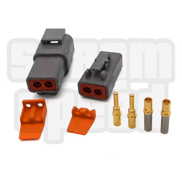Scram Speed Deutsch DTP 2 2-Pin Connector Plug Kit 14-12 AWG GOLD Contacts, electrical connector kit with grey plastic housings, orange terminal covers, and gold-plated terminal pins.