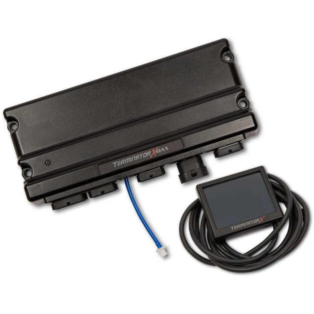 Holley EFI Holley 550-917 Terminator X MAX Engine Management System, black control module with display screen and wiring harness.