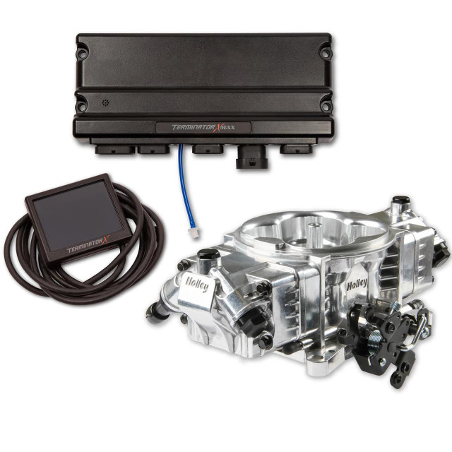Holley EFI Holley 550-1011 Terminator X Max Stealth with trans control, a high-performance electronic fuel injection system with a digital control box, touchscreen display module, and motorized throttle body.
