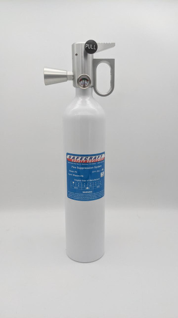 Safecraft PB3W Portable Automotive Fire Extinguisher, portable white fire suppression system with pressure gauge and nozzle.