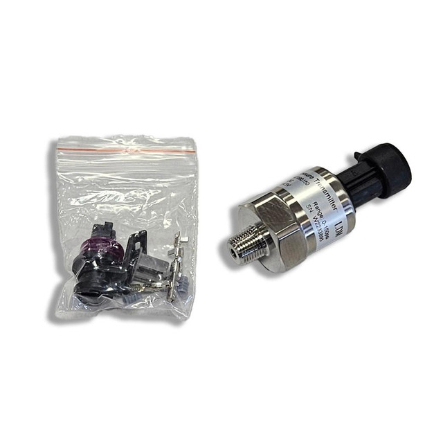 Scram Speed SNS142 150 PSI sensor, industrial pressure sensor with metallic body and black connector, shown alongside installation accessories in a plastic bag.